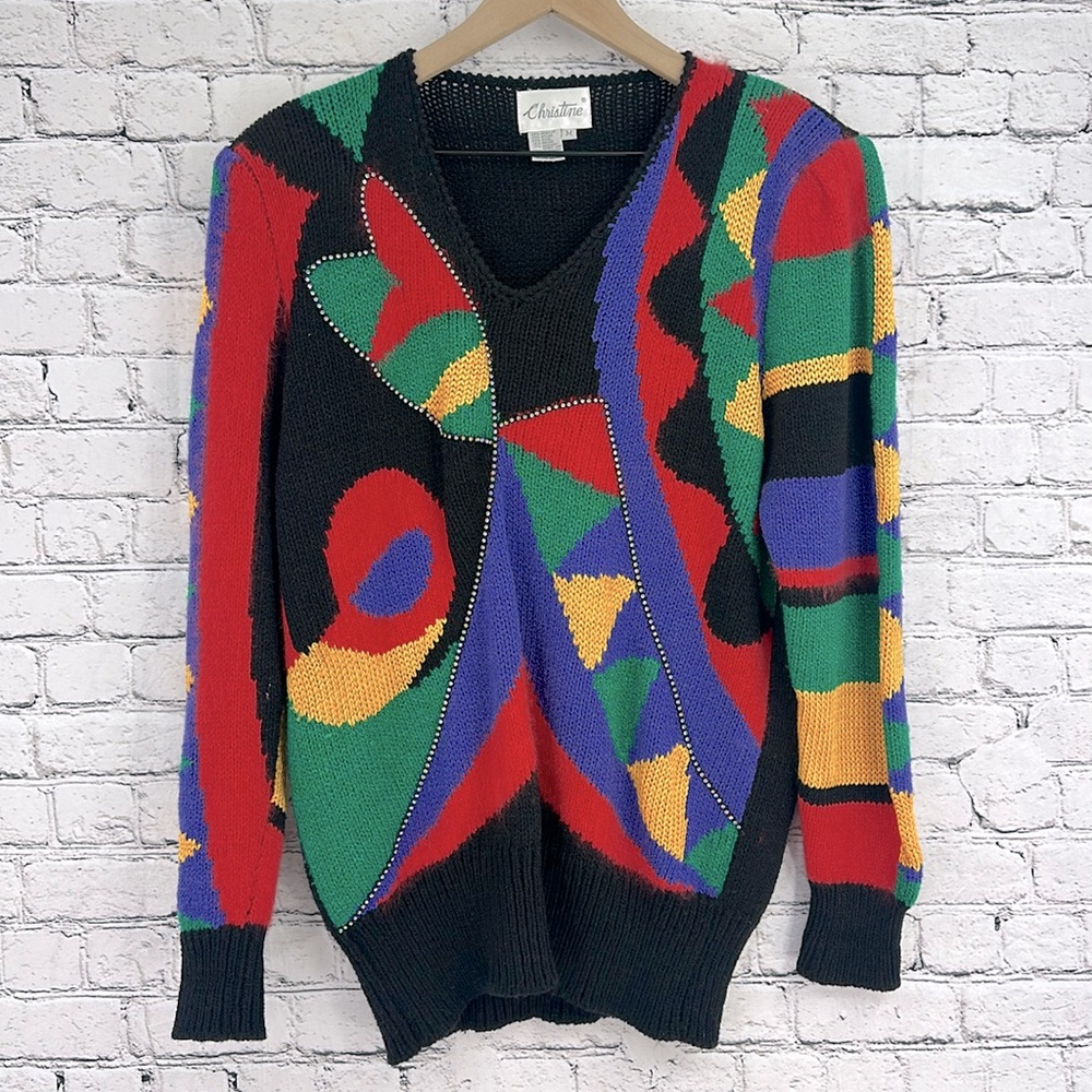 CHRISTINE Vtg. 80s Colorful Abstract Colorblock Rhinestone Knit Sweater MEDIUM